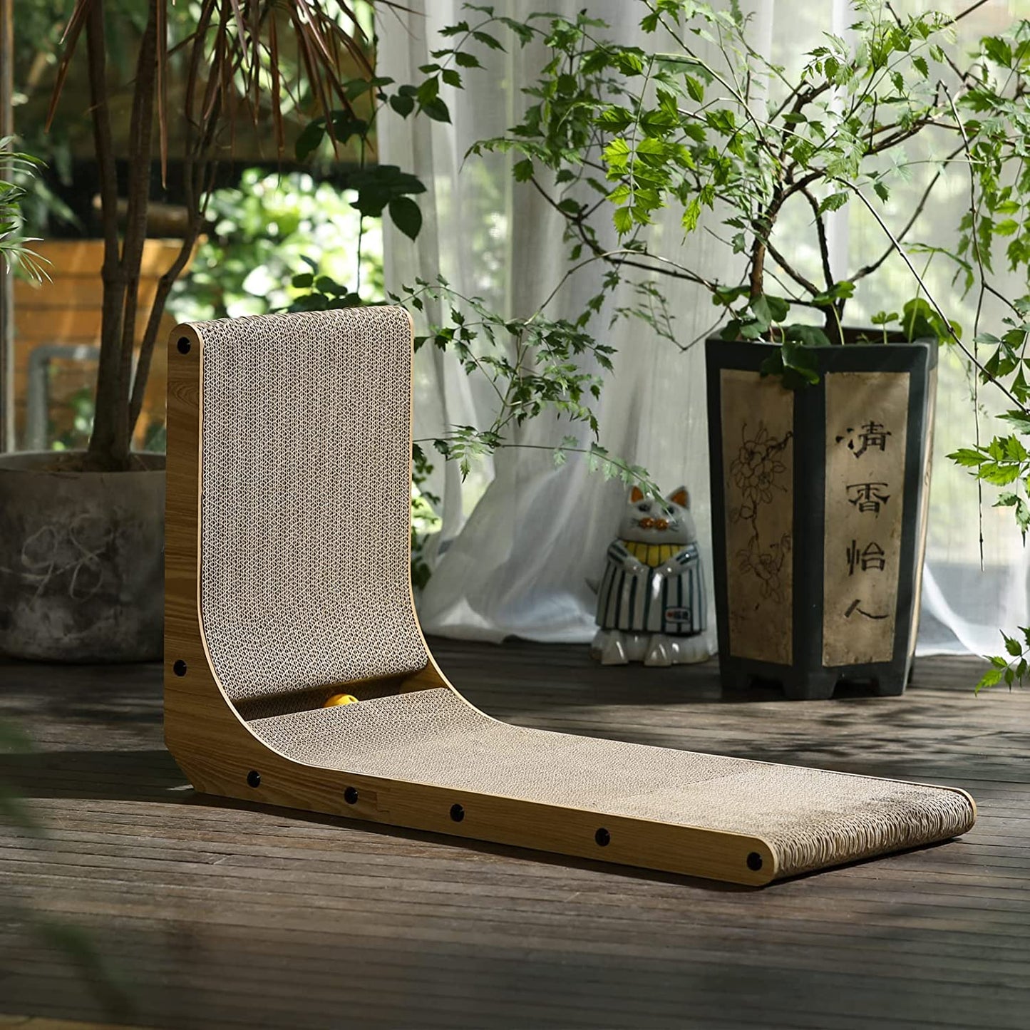 L-Shaped 26.8 Inch Cat Scratching Pad with Ball Toy - Vertical Cardboard Scratcher for Indoor Cats, Ideal for Walls, Sofas, and Couches