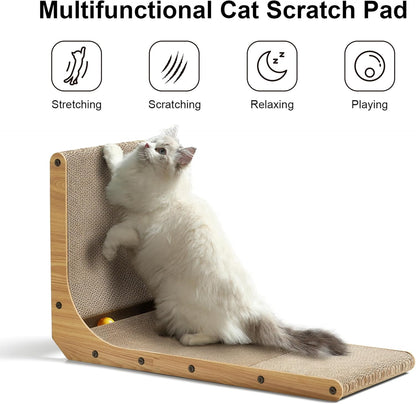 L-Shaped 26.8 Inch Cat Scratching Pad with Ball Toy - Vertical Cardboard Scratcher for Indoor Cats, Ideal for Walls, Sofas, and Couches