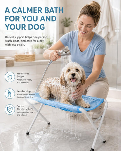 Portable Foldable Pet Bathing Stand and Grooming Hammock with Quick-Dry Mesh, Supports Up to 44 lbs, Steel Frame, Hands-Free Grooming Solution for Small Dogs and Cats