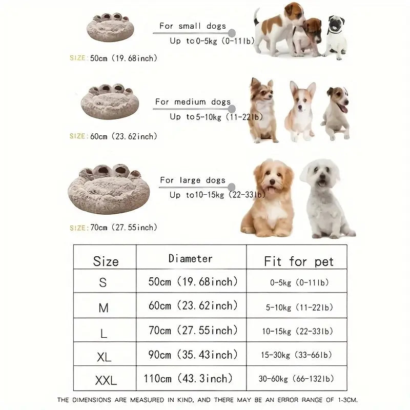 Plush Round Faux Fur Calming Pet Bed with Paw Shape, Anti-Slip and Washable, for Small to Medium Dogs and Cats