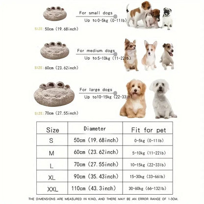 Plush Round Faux Fur Calming Pet Bed with Paw Shape, Anti-Slip and Washable, for Small to Medium Dogs and Cats