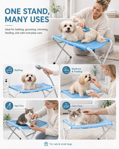 Portable Foldable Pet Bathing Stand and Grooming Hammock with Quick-Dry Mesh, Supports Up to 44 lbs, Steel Frame, Hands-Free Grooming Solution for Small Dogs and Cats