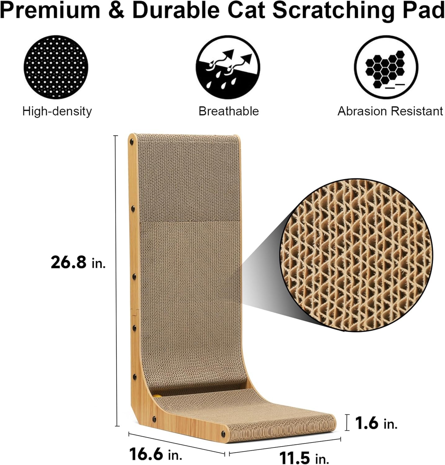 L-Shaped 26.8 Inch Cat Scratching Pad with Ball Toy - Vertical Cardboard Scratcher for Indoor Cats, Ideal for Walls, Sofas, and Couches