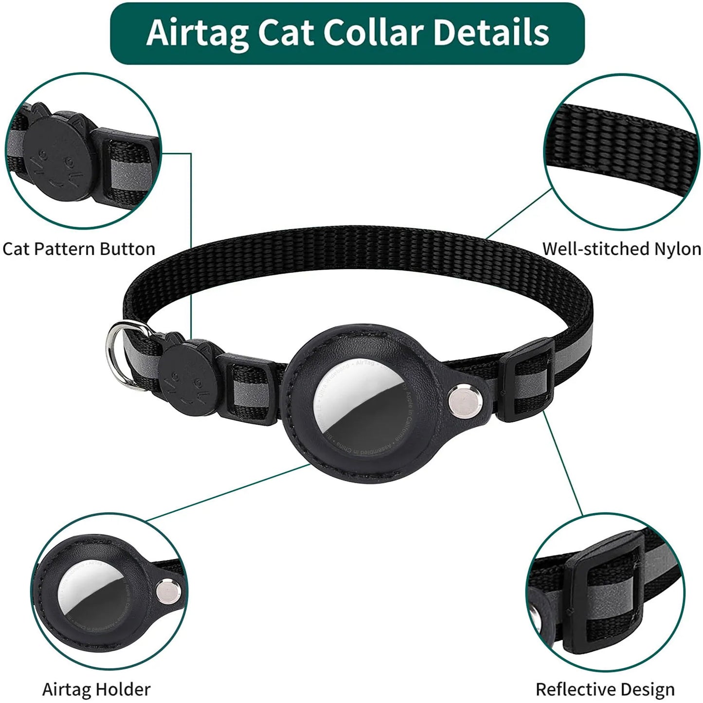 Adjustable Waterproof Cat Collar with Airtag Holder, Breakaway Feature, Reflective Strips, and Bell