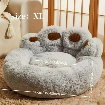 Plush Round Faux Fur Calming Pet Bed with Paw Shape, Anti-Slip and Washable, for Small to Medium Dogs and Cats