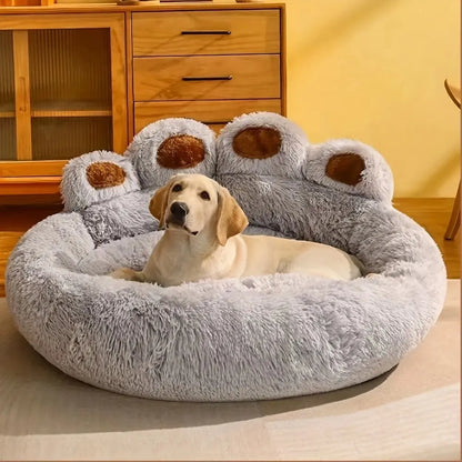 Plush Round Faux Fur Calming Pet Bed with Paw Shape, Anti-Slip and Washable, for Small to Medium Dogs and Cats
