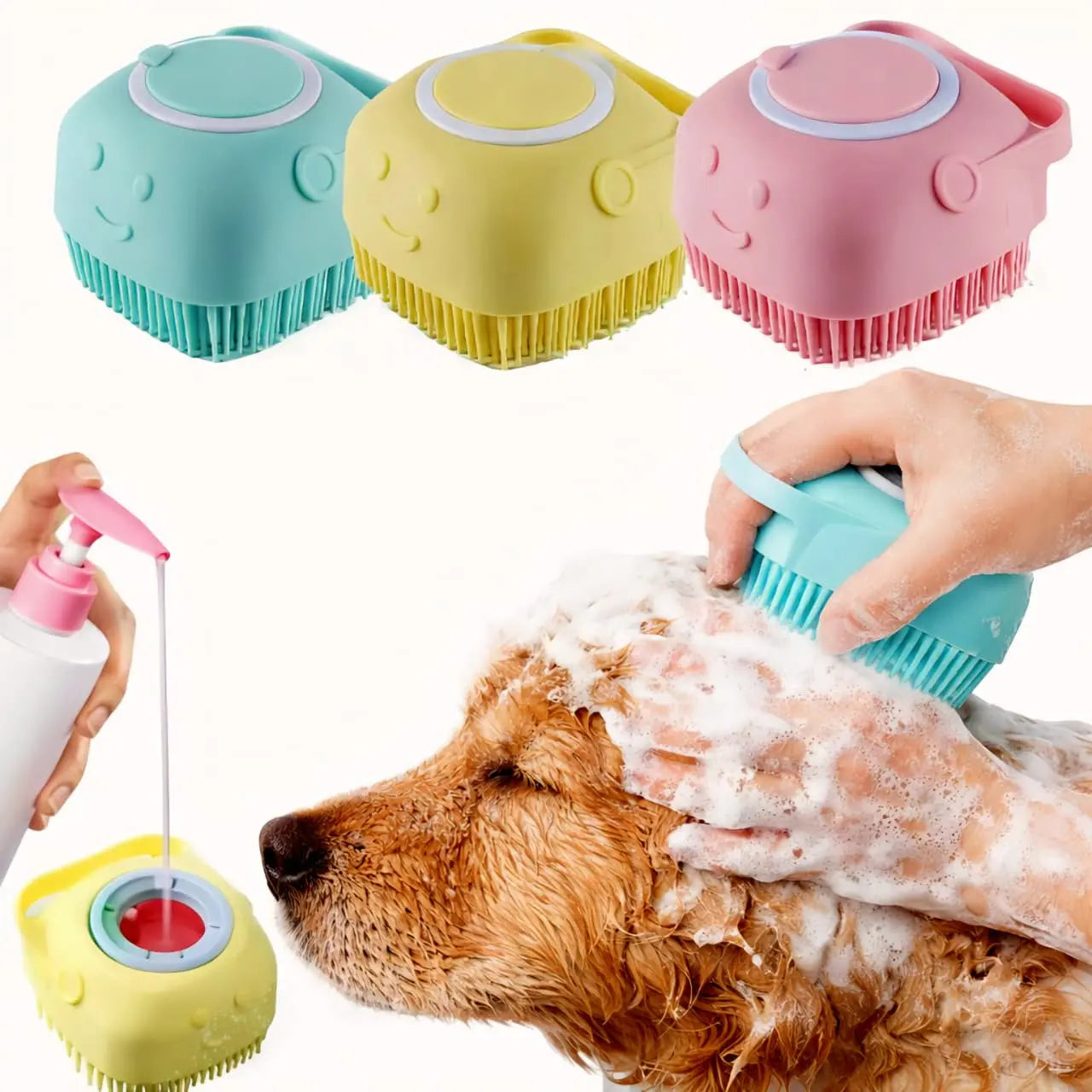 Pet Bath Soap Dispenser and Massage Brush - Silicone Rubber Grooming Tool with Soft Bristles for Dogs and Cats, Essential Accessory for Pet Hair Care and Shower Grooming