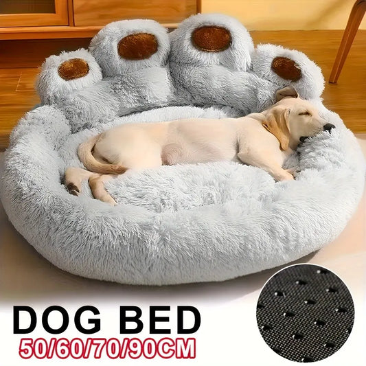 Plush Round Faux Fur Calming Pet Bed with Paw Shape, Anti-Slip and Washable, for Small to Medium Dogs and Cats