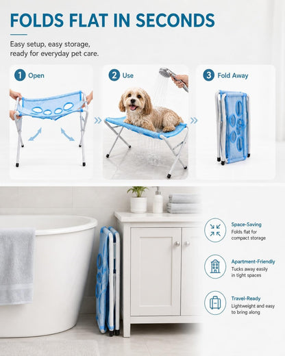 Portable Foldable Pet Bathing Stand and Grooming Hammock with Quick-Dry Mesh, Supports Up to 44 lbs, Steel Frame, Hands-Free Grooming Solution for Small Dogs and Cats