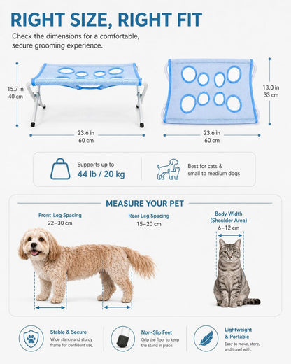 Portable Foldable Pet Bathing Stand and Grooming Hammock with Quick-Dry Mesh, Supports Up to 44 lbs, Steel Frame, Hands-Free Grooming Solution for Small Dogs and Cats