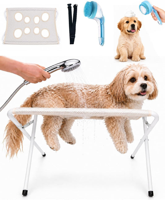 Portable Foldable Pet Bathing Stand and Grooming Hammock with Quick-Dry Mesh, Supports Up to 44 lbs, Steel Frame, Hands-Free Grooming Solution for Small Dogs and Cats