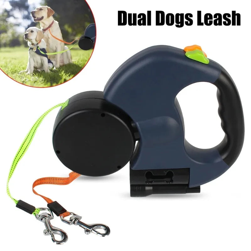 Retractable Double Dog Leash with Light - Portable Rotating Leash for Walking Two Dogs
