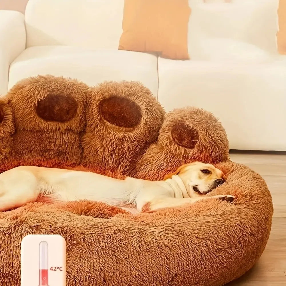 Plush Round Faux Fur Calming Pet Bed with Paw Shape, Anti-Slip and Washable, for Small to Medium Dogs and Cats