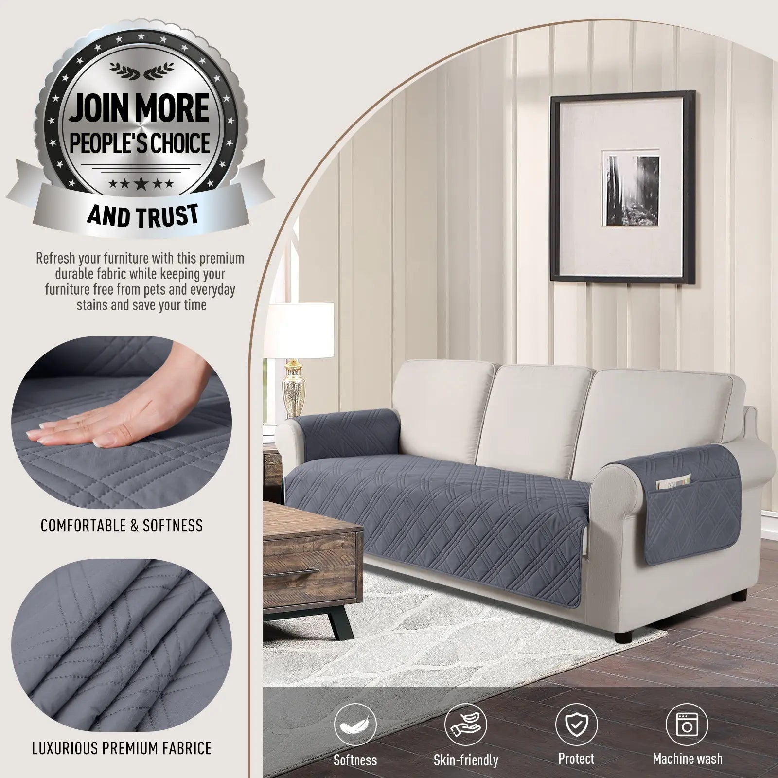 TAOCOCO Waterproof Pet Sofa Cover with Non-Slip Backing, Washable Protector for 3-Cushion Couches, Includes Side Pocket