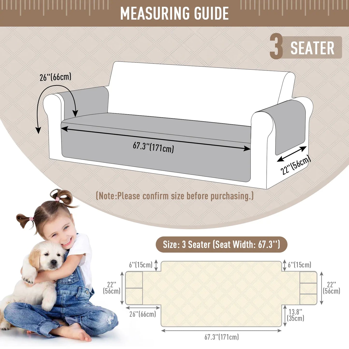 TAOCOCO Waterproof Pet Sofa Cover with Non-Slip Backing, Washable Protector for 3-Cushion Couches, Includes Side Pocket