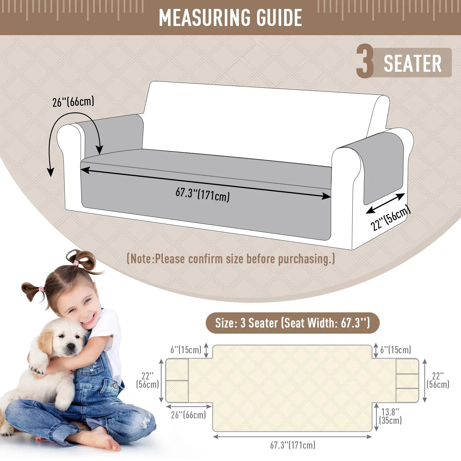 TAOCOCO Waterproof Pet Sofa Cover with Non-Slip Backing, Washable Protector for 3-Cushion Couches, Includes Side Pocket