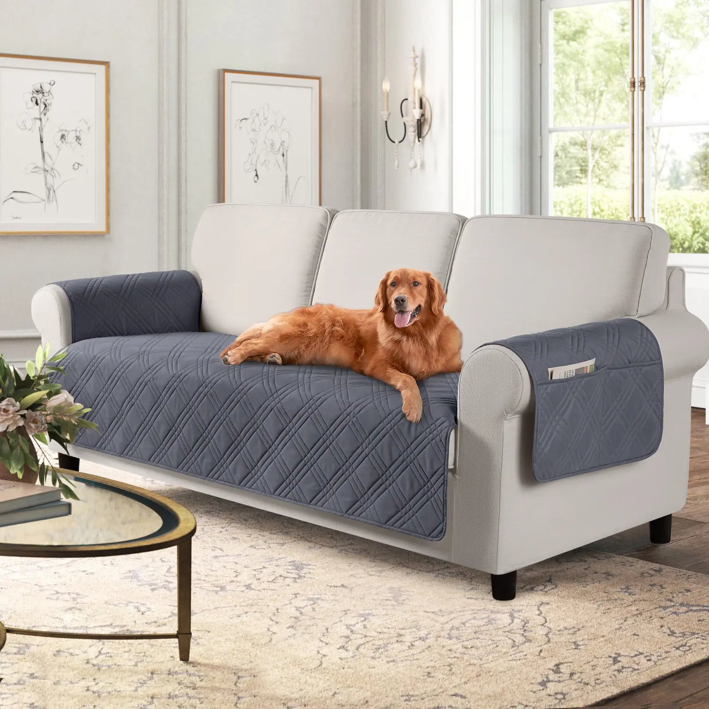 TAOCOCO Waterproof Pet Sofa Cover with Non-Slip Backing, Washable Protector for 3-Cushion Couches, Includes Side Pocket