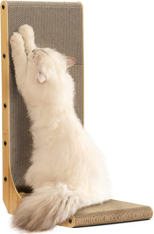 L-Shaped 26.8 Inch Cat Scratching Pad with Ball Toy - Vertical Cardboard Scratcher for Indoor Cats, Ideal for Walls, Sofas, and Couches