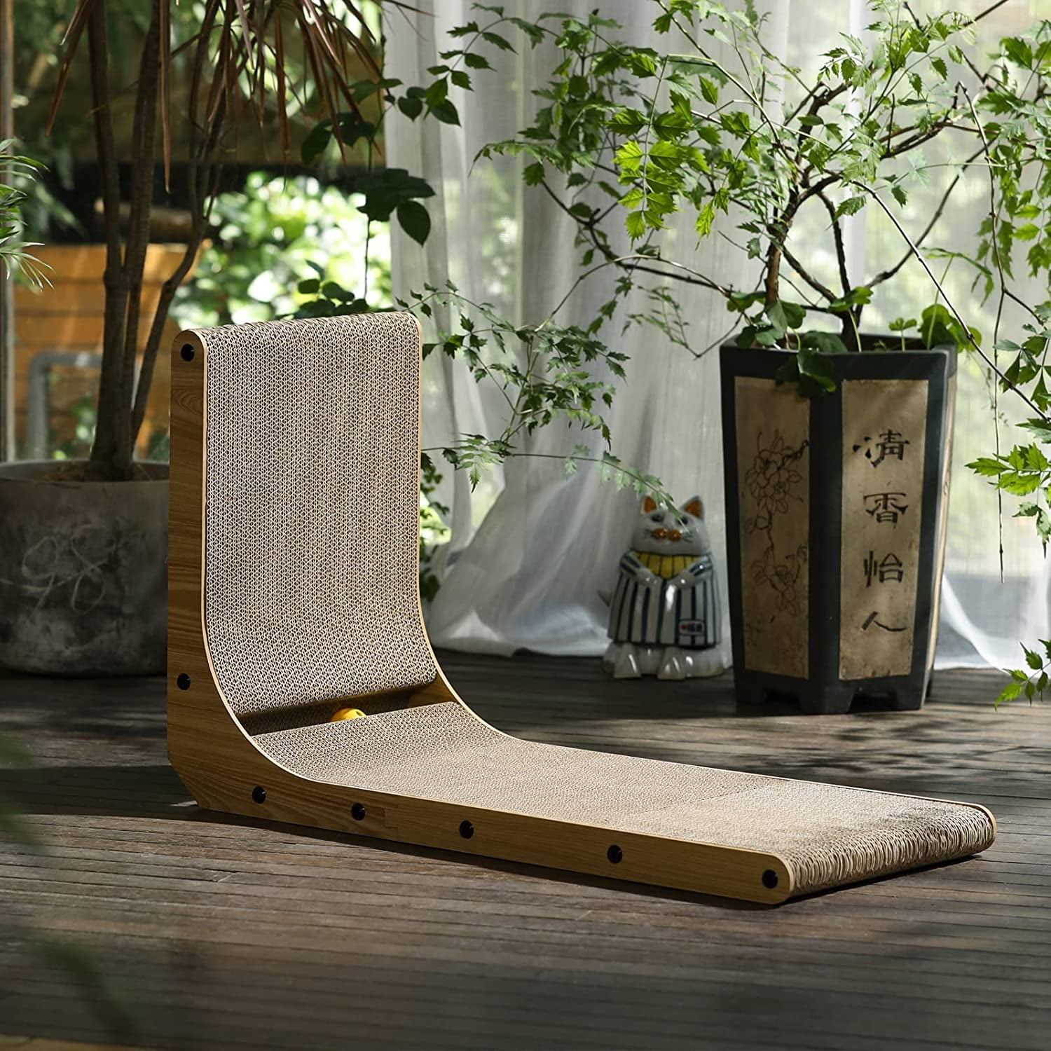 L-Shaped 26.8 Inch Cat Scratching Pad with Ball Toy - Vertical Cardboard Scratcher for Indoor Cats, Ideal for Walls, Sofas, and Couches