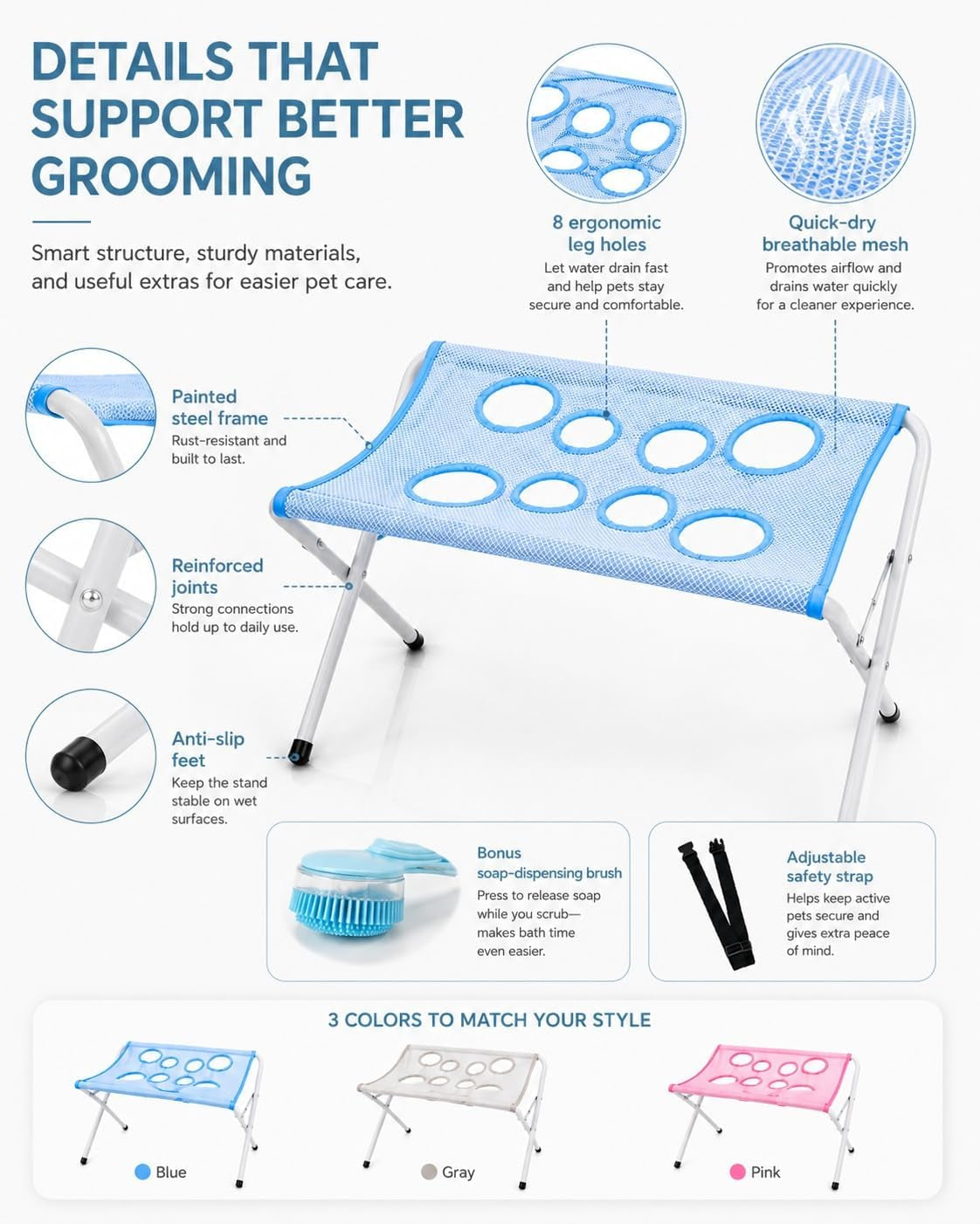 Portable Foldable Pet Bathing Stand and Grooming Hammock with Quick-Dry Mesh, Supports Up to 44 lbs, Steel Frame, Hands-Free Grooming Solution for Small Dogs and Cats
