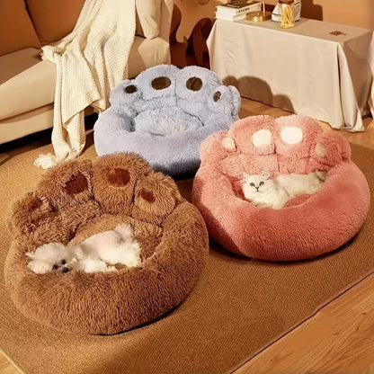 Plush Round Faux Fur Calming Pet Bed with Paw Shape, Anti-Slip and Washable, for Small to Medium Dogs and Cats