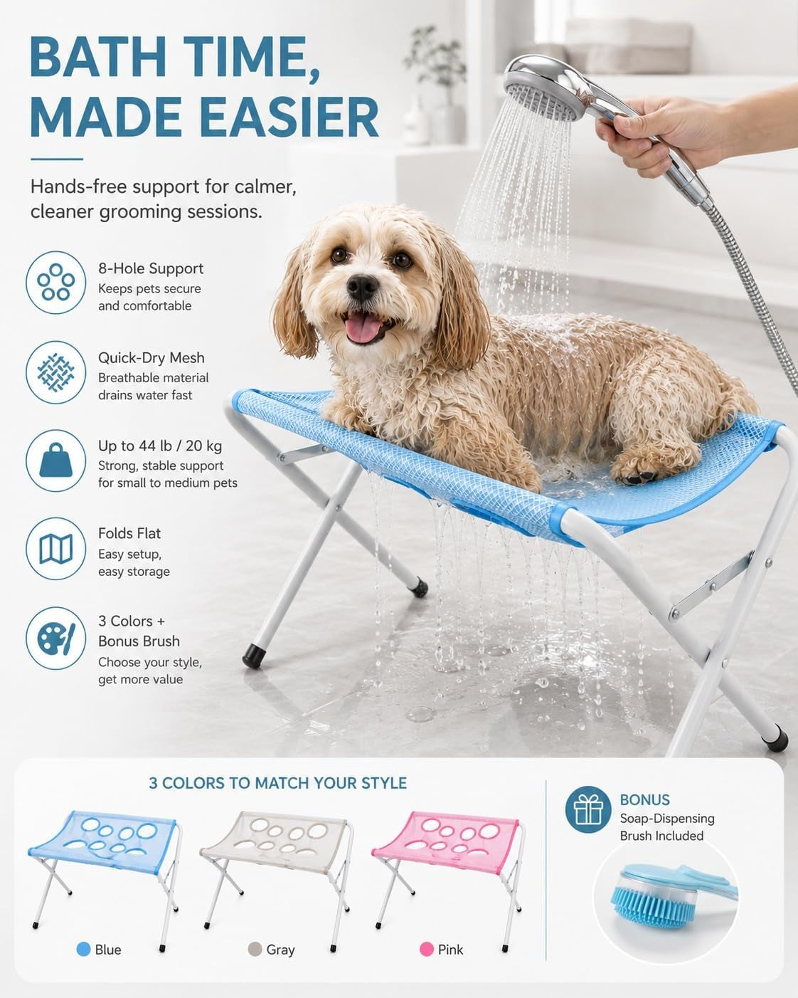 Portable Foldable Pet Bathing Stand and Grooming Hammock with Quick-Dry Mesh, Supports Up to 44 lbs, Steel Frame, Hands-Free Grooming Solution for Small Dogs and Cats