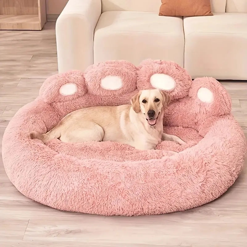 Plush Round Faux Fur Calming Pet Bed with Paw Shape, Anti-Slip and Washable, for Small to Medium Dogs and Cats