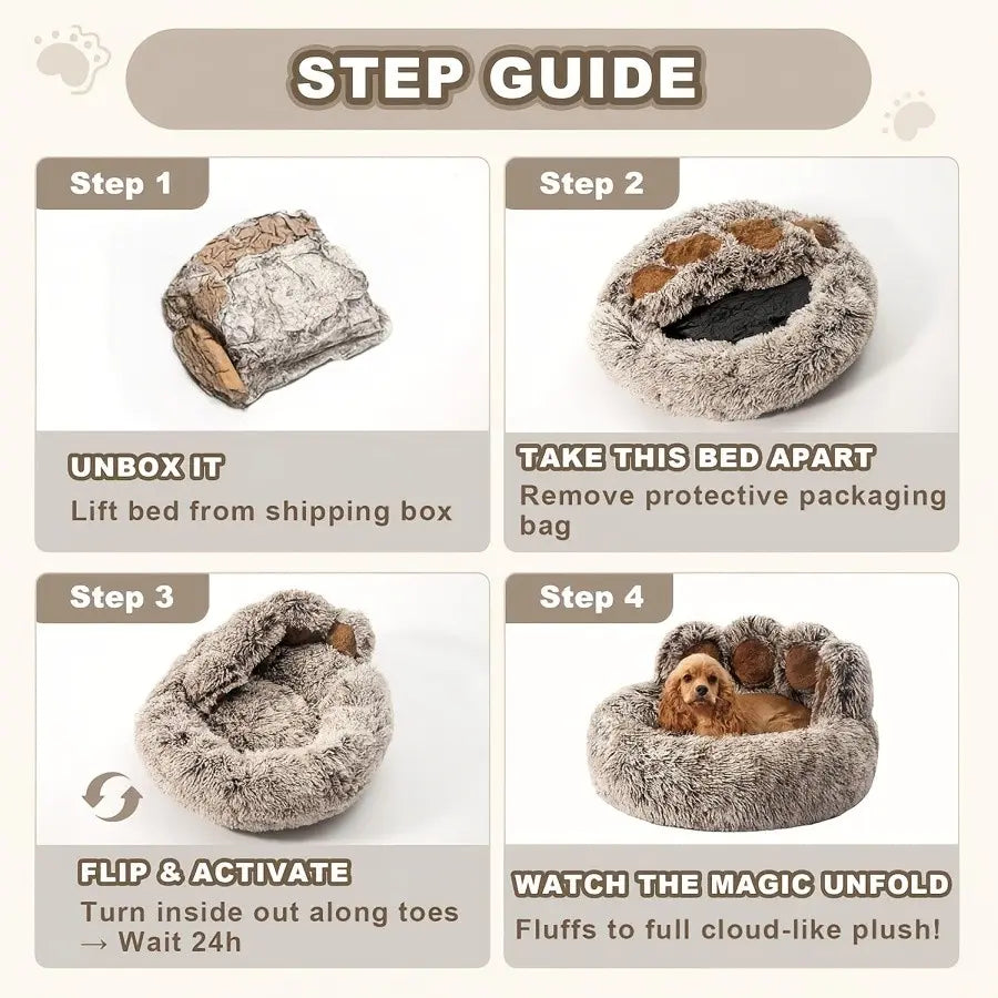 Plush Round Faux Fur Calming Pet Bed with Paw Shape, Anti-Slip and Washable, for Small to Medium Dogs and Cats