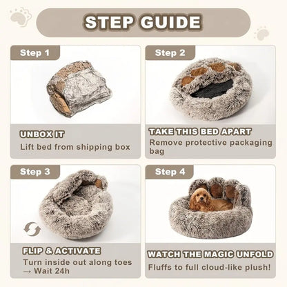 Plush Round Faux Fur Calming Pet Bed with Paw Shape, Anti-Slip and Washable, for Small to Medium Dogs and Cats