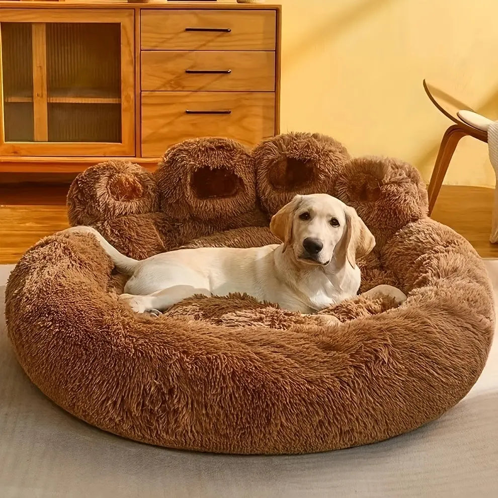 Plush Round Faux Fur Calming Pet Bed with Paw Shape, Anti-Slip and Washable, for Small to Medium Dogs and Cats